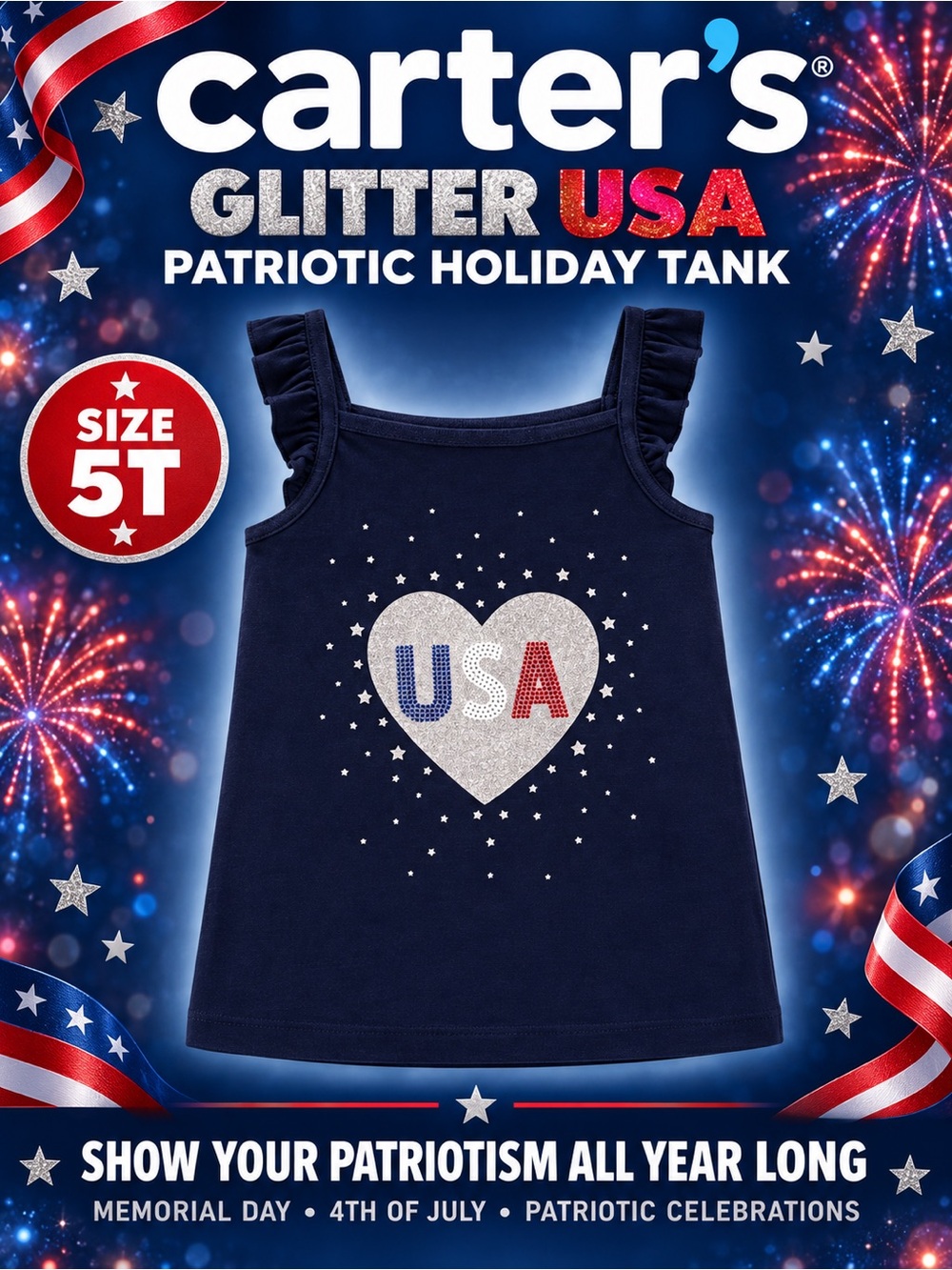 Carter’s Glitter Patriotic USA Tank Top NEW
